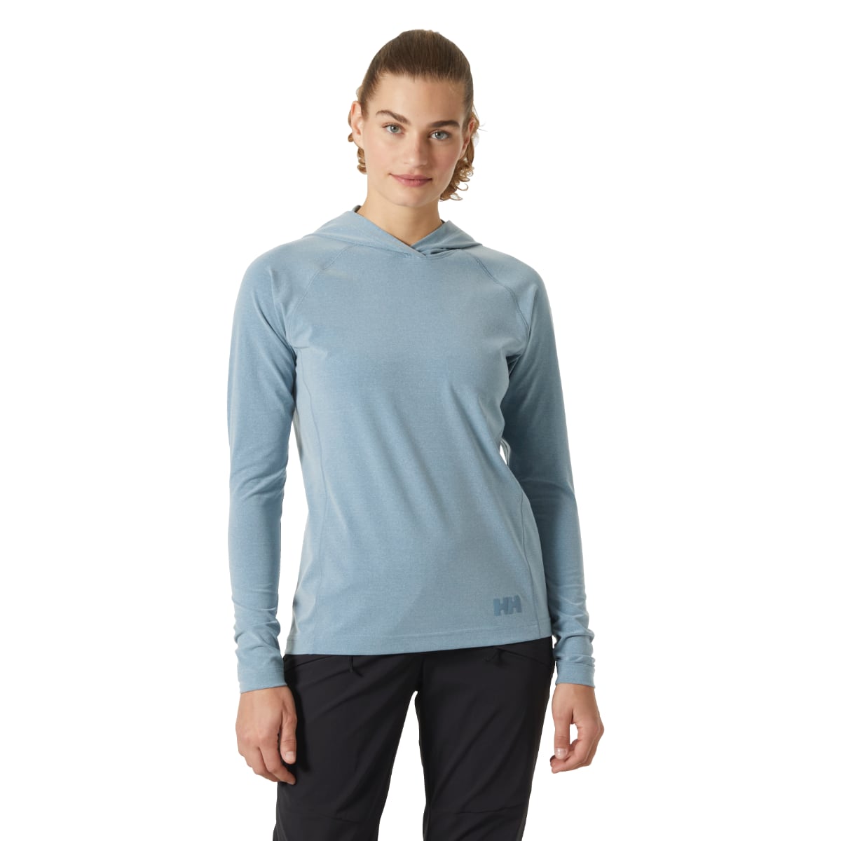 Helly Hansen Tyri Hoodie Fleece women's top in Washed Navy Melange worn by a model