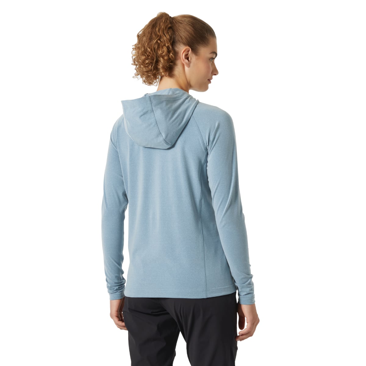 Back view of the Helly Hansen Tyri Hoodie Fleece in Washed Navy Melange worn by a model.
