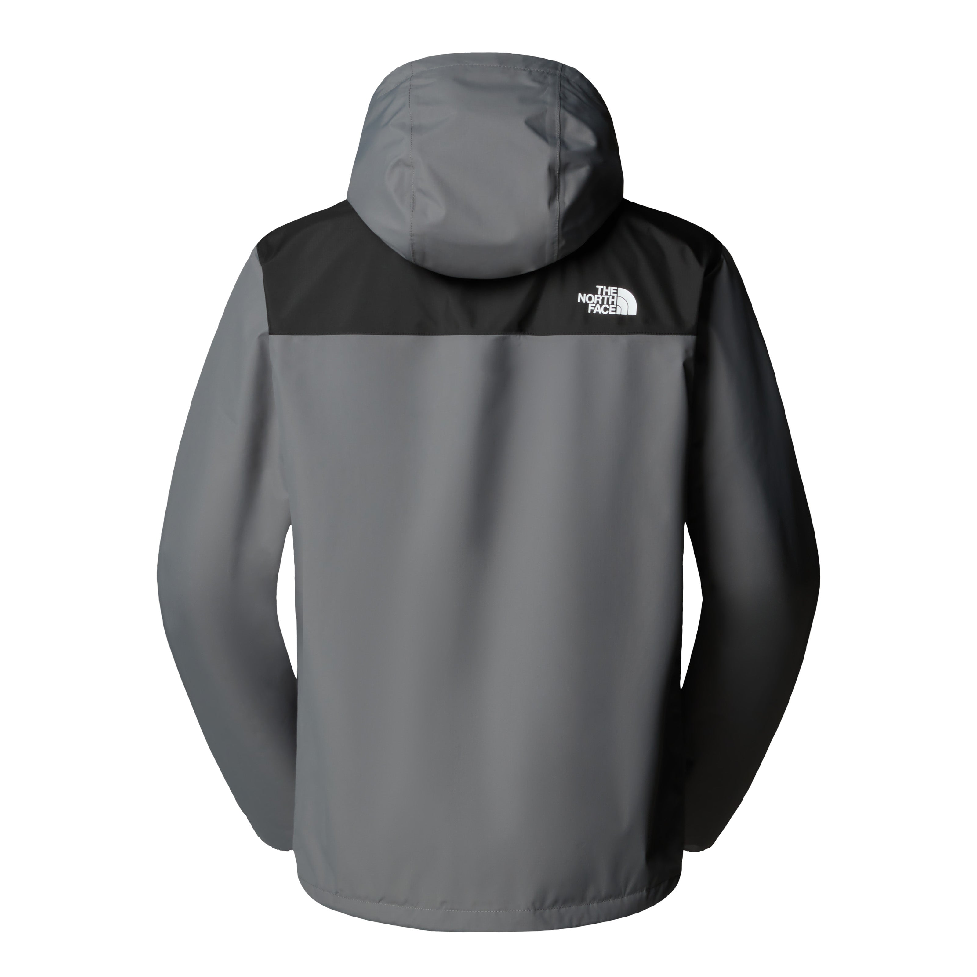 Back view of The North Face Antora jacket in gray with a black shoulder yoke and hood.