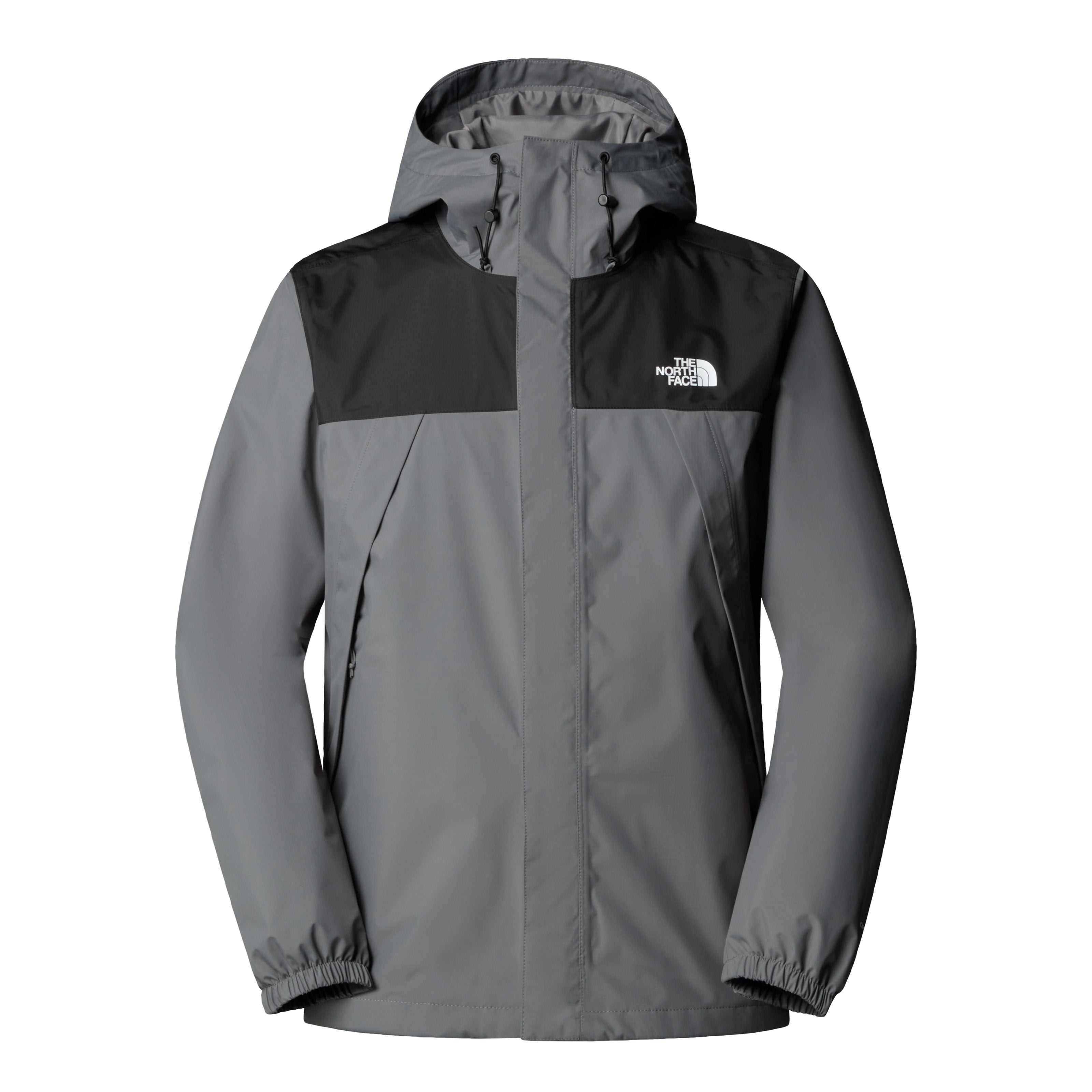 Front view of The North Face Antora waterproof jacket in gray with a black chest panel and hood.