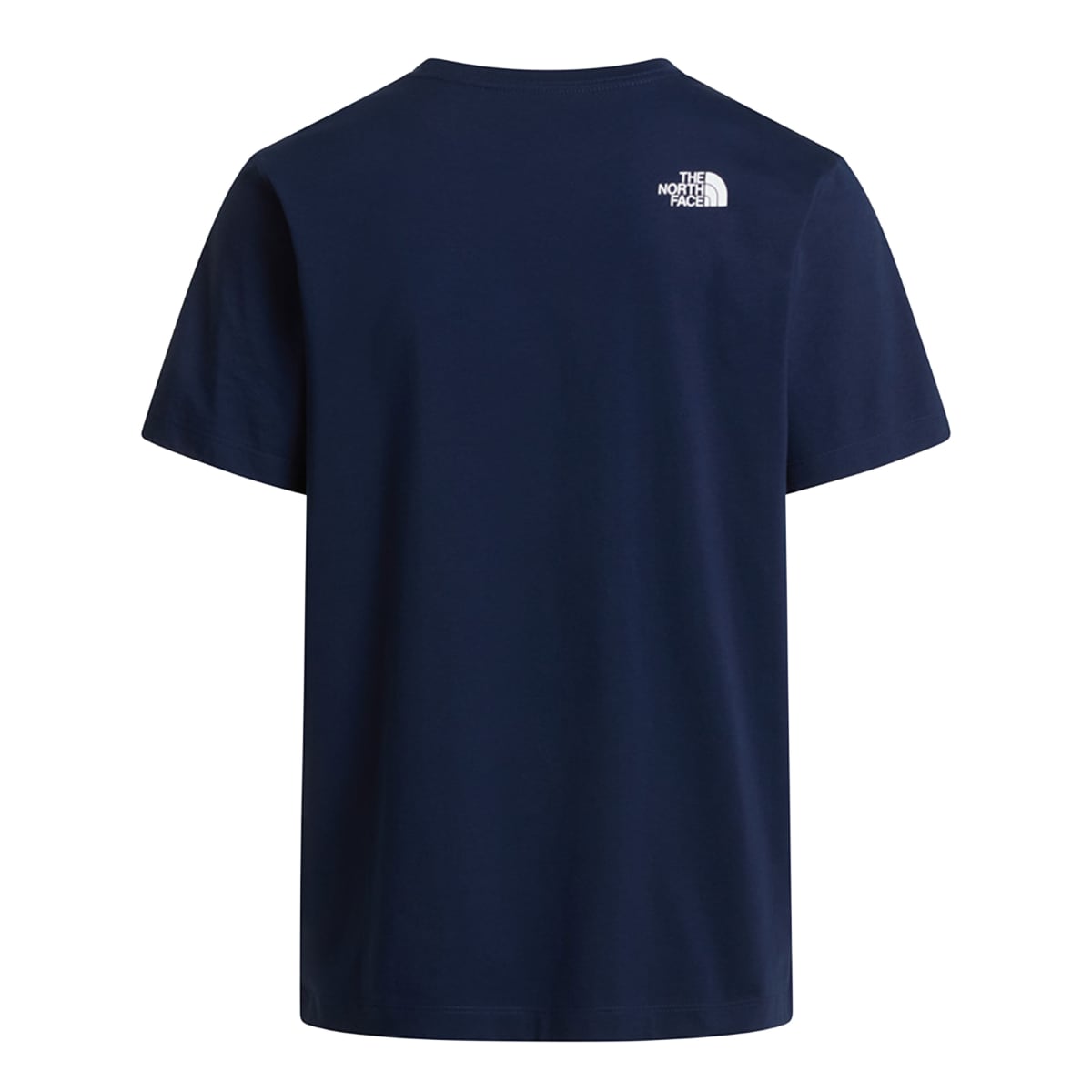 Back view of navy blue Evolution Half Dome men's T shirt with small white The North Face logo on the upper back