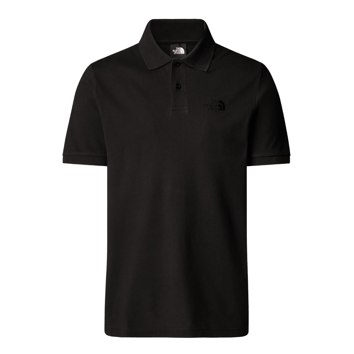 Front view of a black The North Face Essential Regular Polo shirt with a small chest logo.