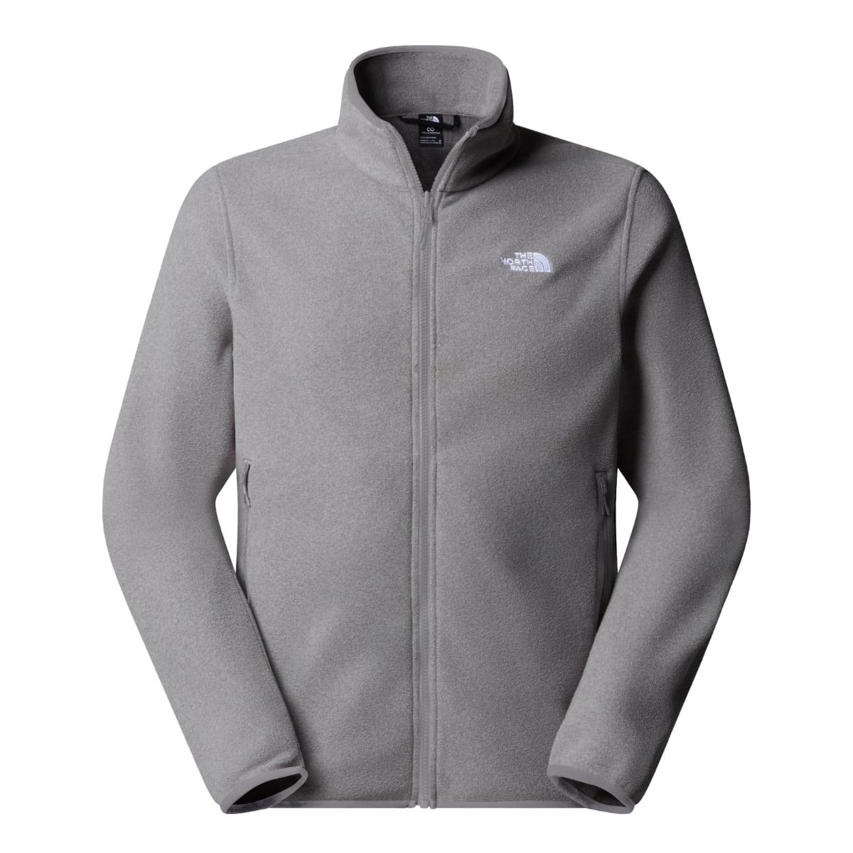 Front view of The North Face Glacier Fleece jacket in mid grey heather with full zip and left chest logo.