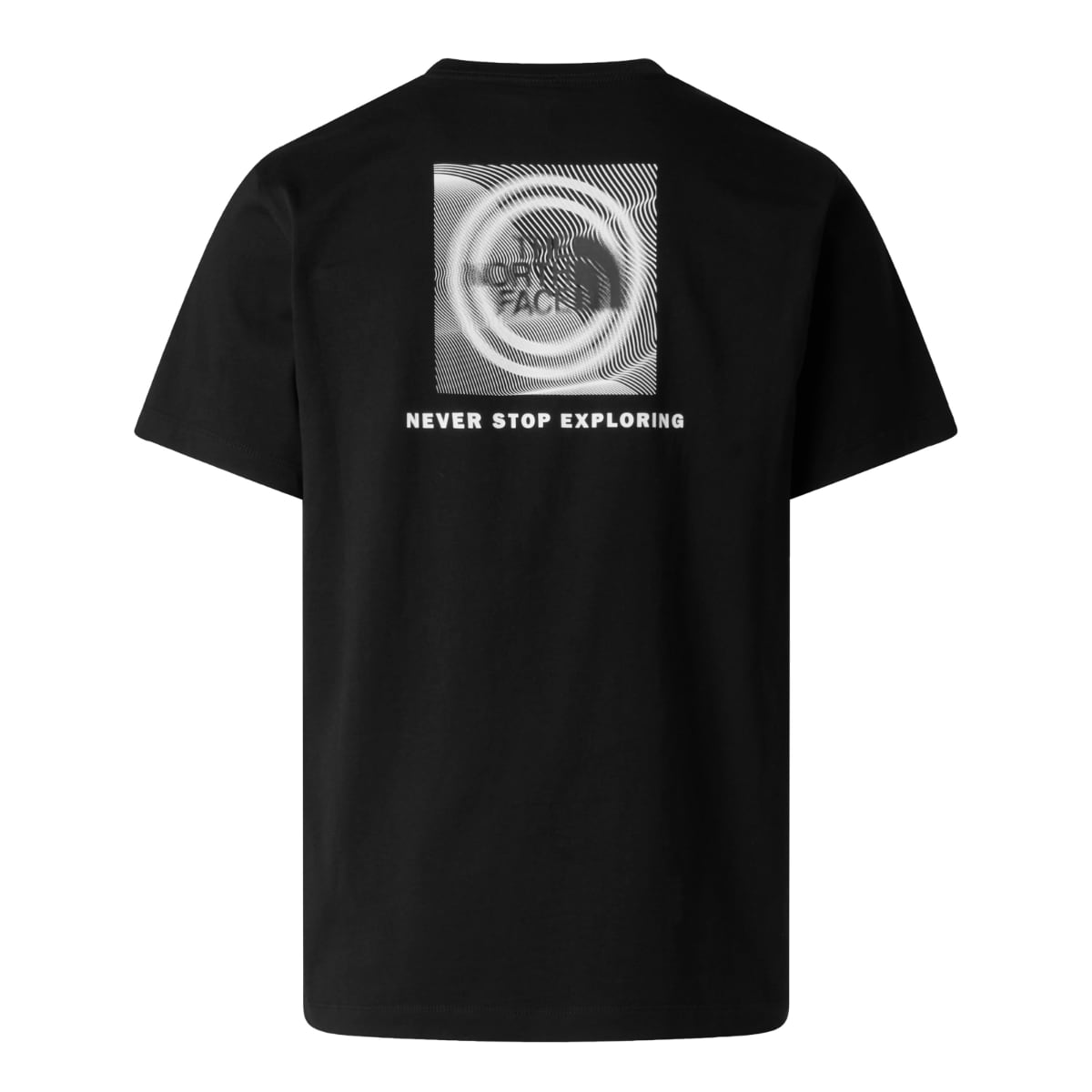 Back view of black The North Face NSE Energy short sleeve t shirt with a white square graphic featuring concentric lines and Never Stop Exploring text