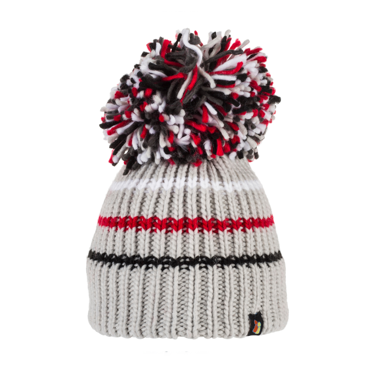 Cream knitted bobble hat with red and black stripes and a multicolored fluffy pom pom