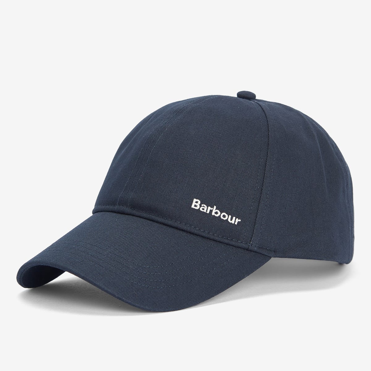 Three-quarter front view of navy Barbour Olivia Sports Cap with curved brim and embroidered logo.