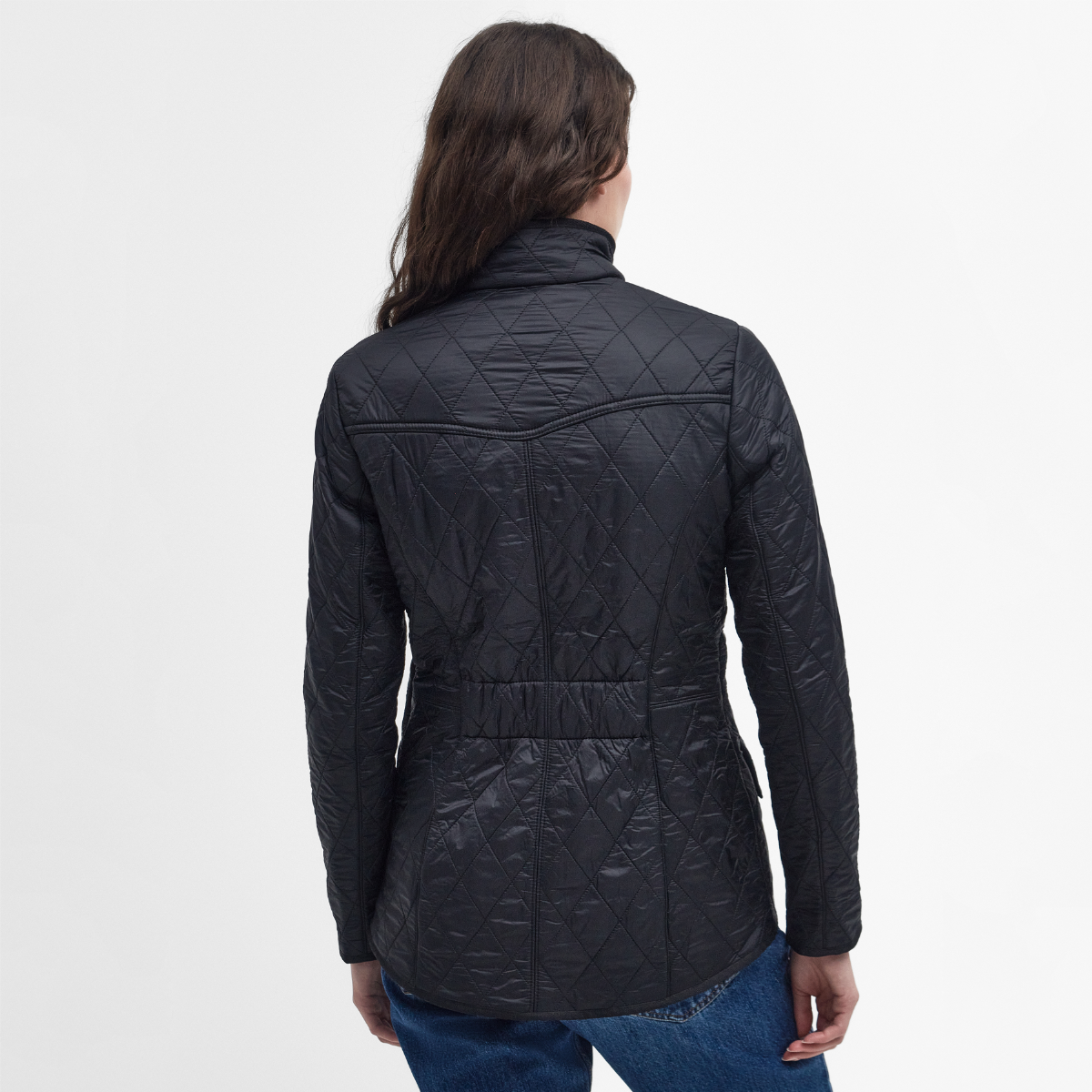 Rear view of Barbour Cavalry Polarquilt Black on model