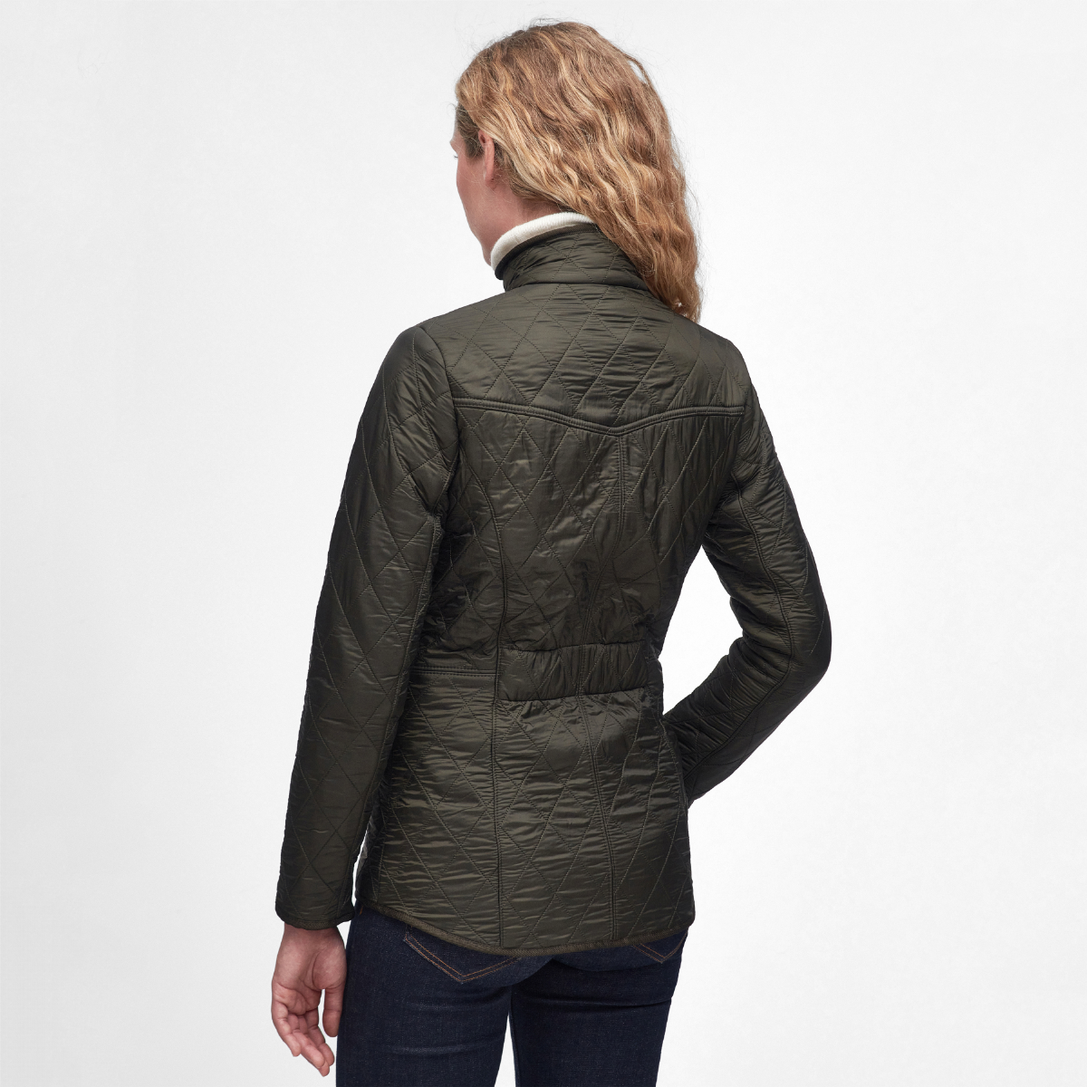 Rear view Barbour Cavalry Polarquilt Dark Olive on model