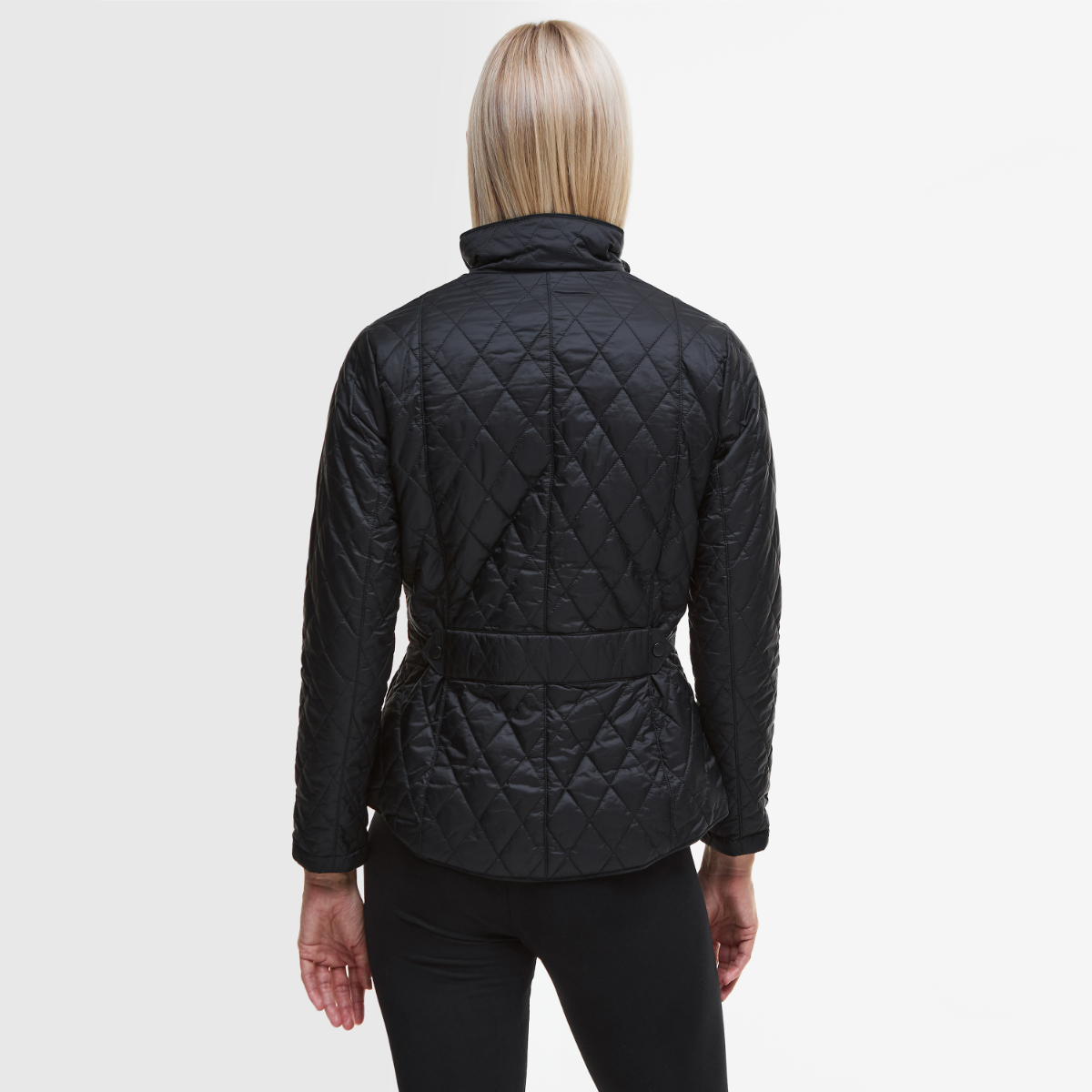 Rear view of Barbour Flyweight Cavalry Black on model