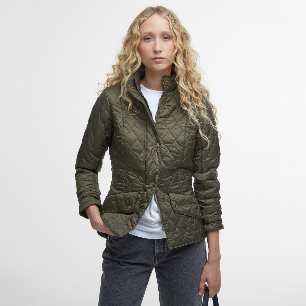 Front view of Barbour Flyweight Cavalry Olive on model