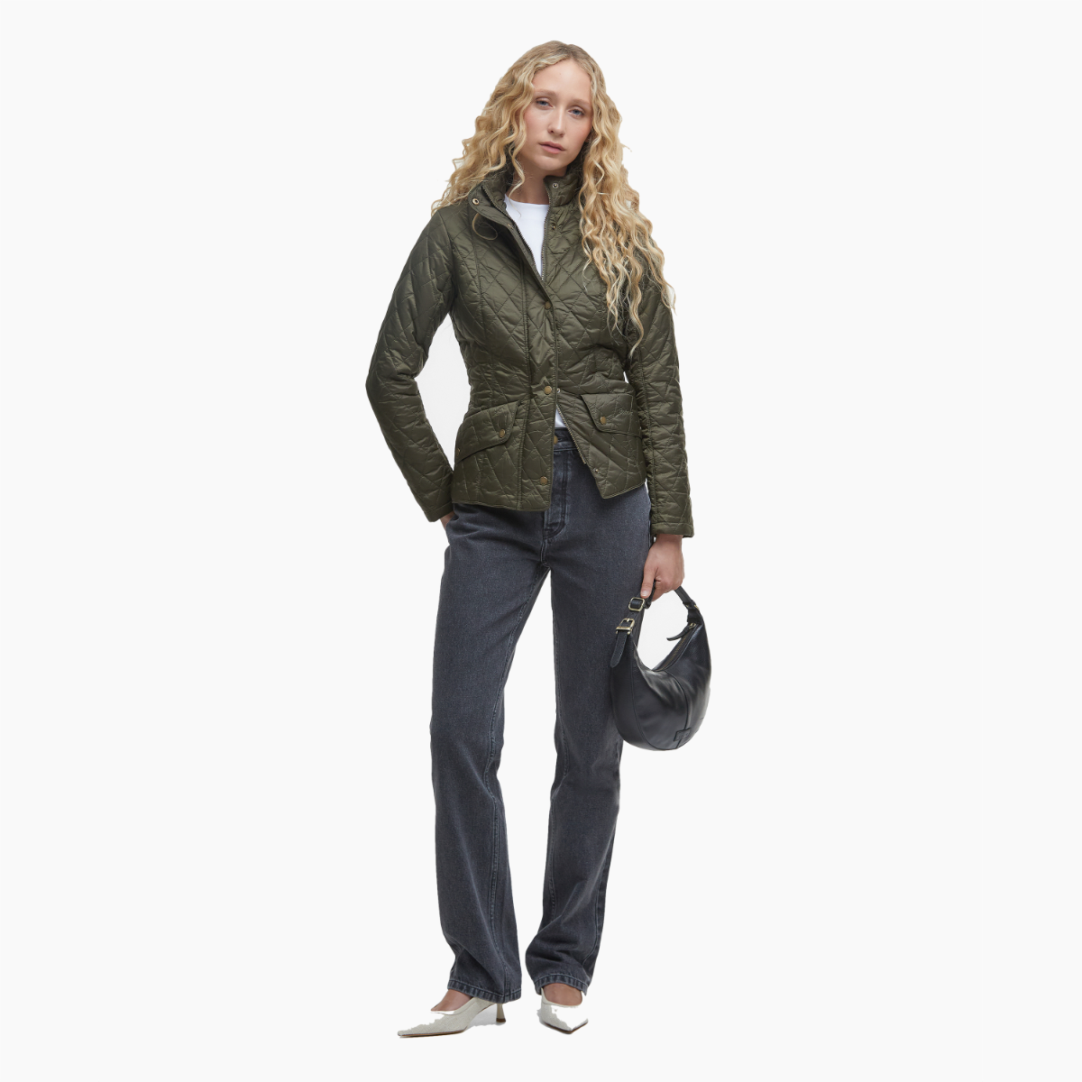 Front view of Barbour Flyweight Cavalry Olive on model full height