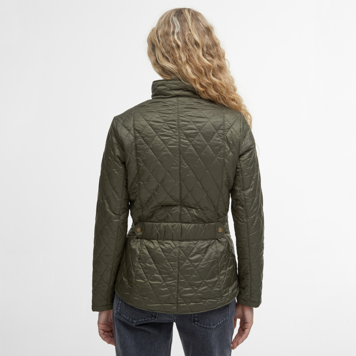 Rear view of Barbour Flyweight Cavalry Olive on model
