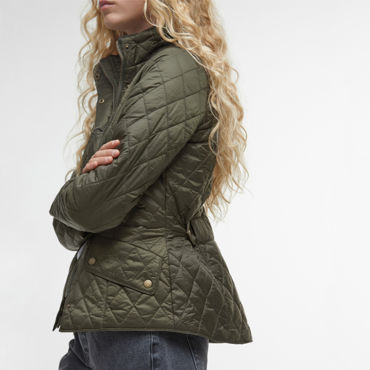 Side profile of Barbour Flyweight Cavalry Olive on model