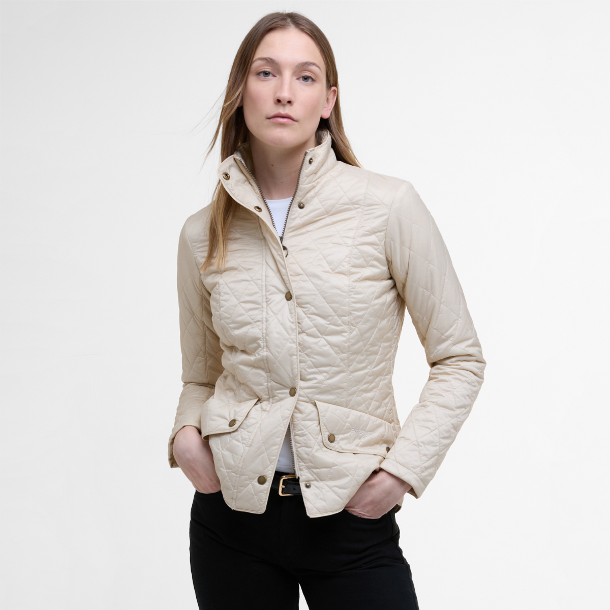 Front view of Barbour Flyweight Cavalry Pearl on model