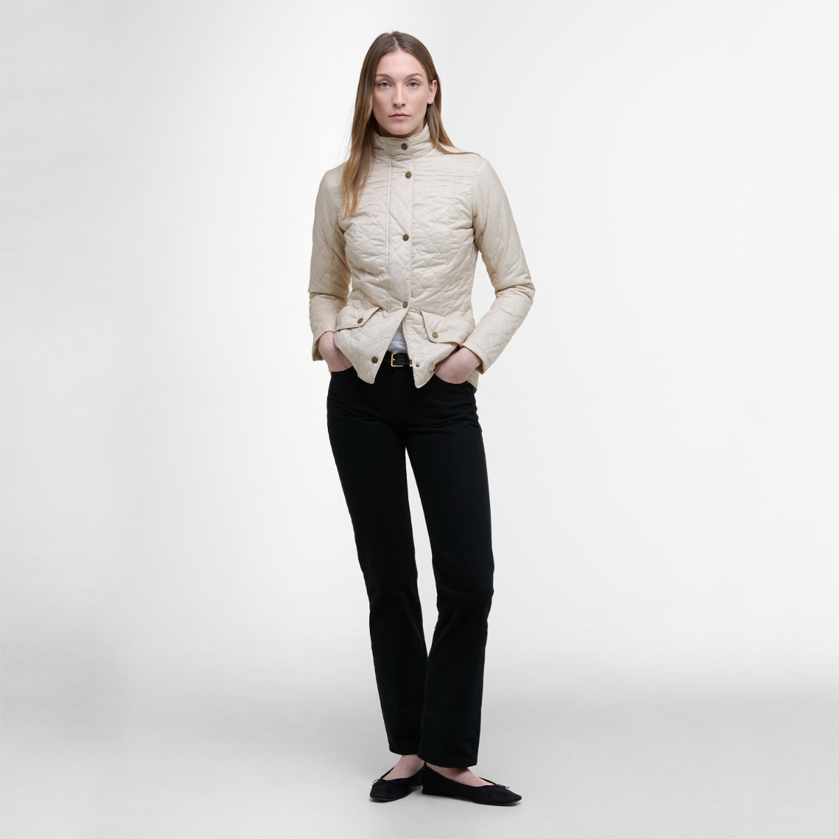 Front view of Barbour Flyweight Cavalry Pearl on model full height
