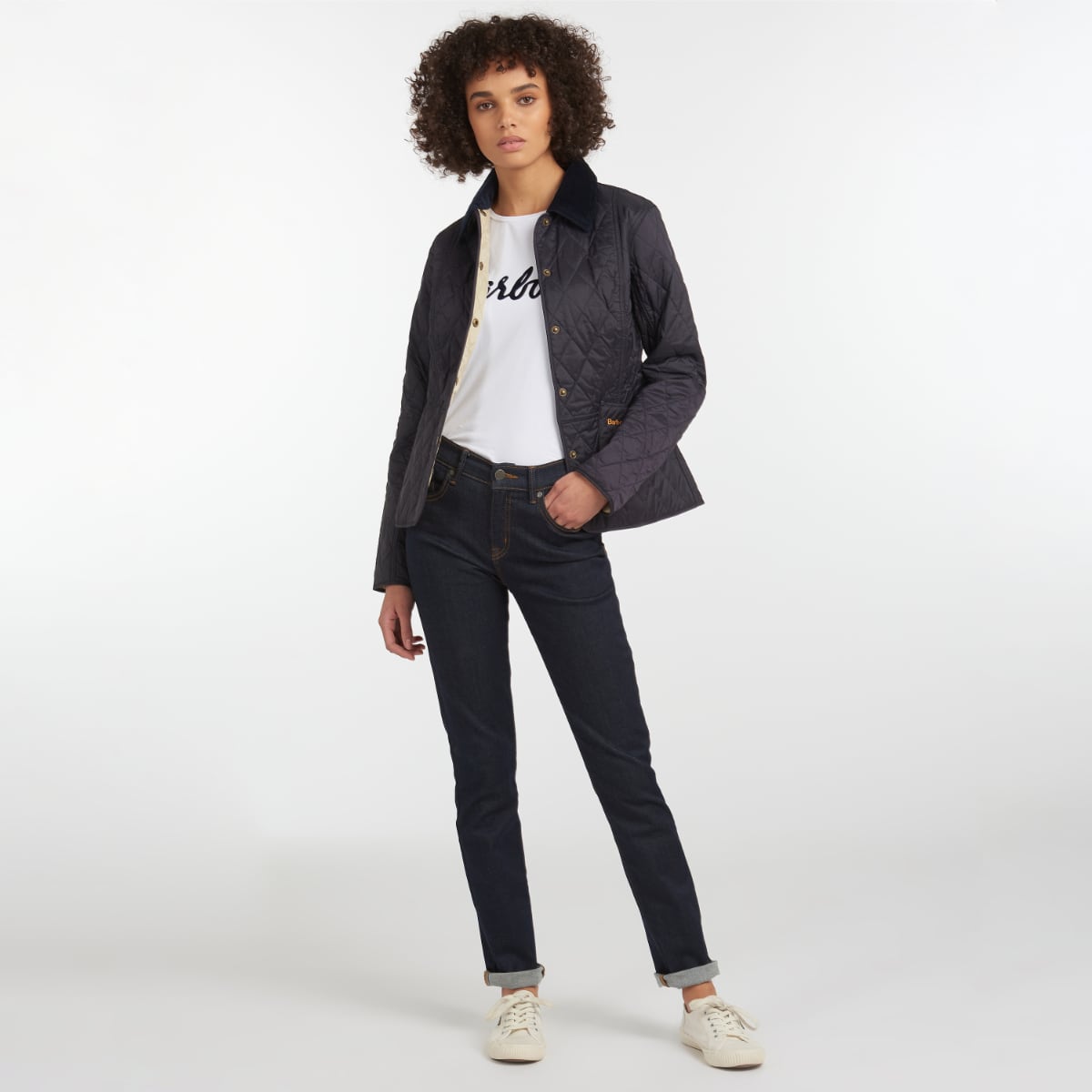 Barbour Women's Summer Liddesdale in Navy shown on model at full height