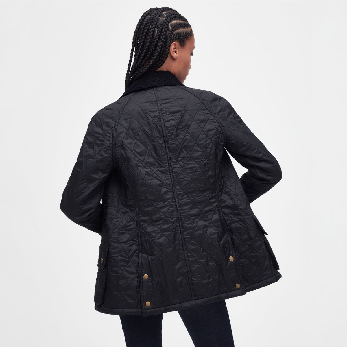 Rear view of Barbour Beadnell Polarquilt Black on model