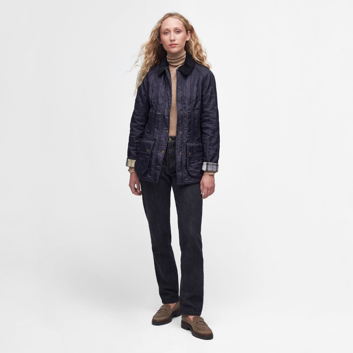 Barbour Beadnell Polarquilt Navy on modelfull height