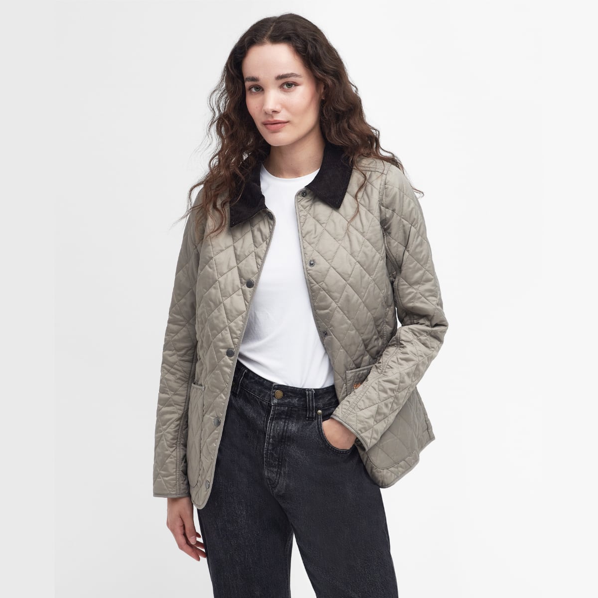 Barbour Annandale Women's Quilted Jacket in Doeskin on model