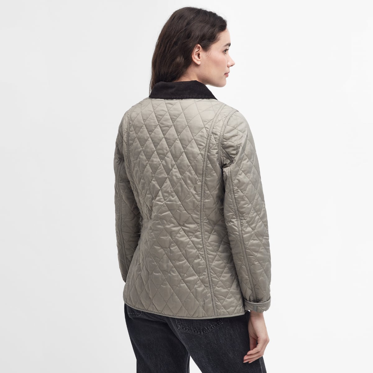 Rear view of Barbour Annandale Women's Quilted Jacket in Doeskin on model