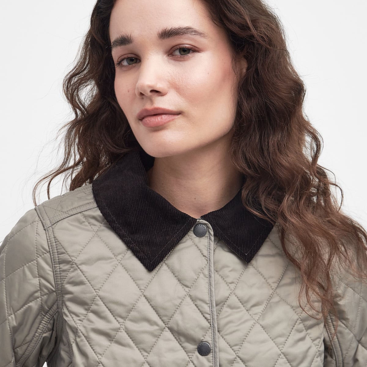 Close up of Barbour Annandale Women's Quilted Jacket in Doeskin on model