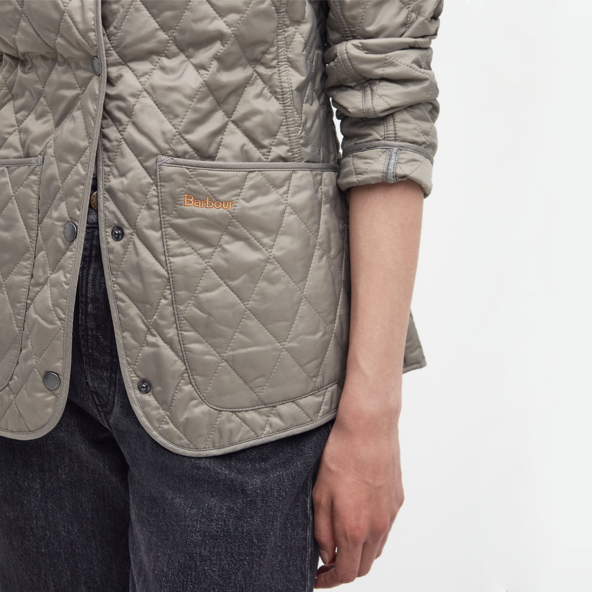 Close up of Barbour Annandale Women's Quilted Jacket in Doeskin on model