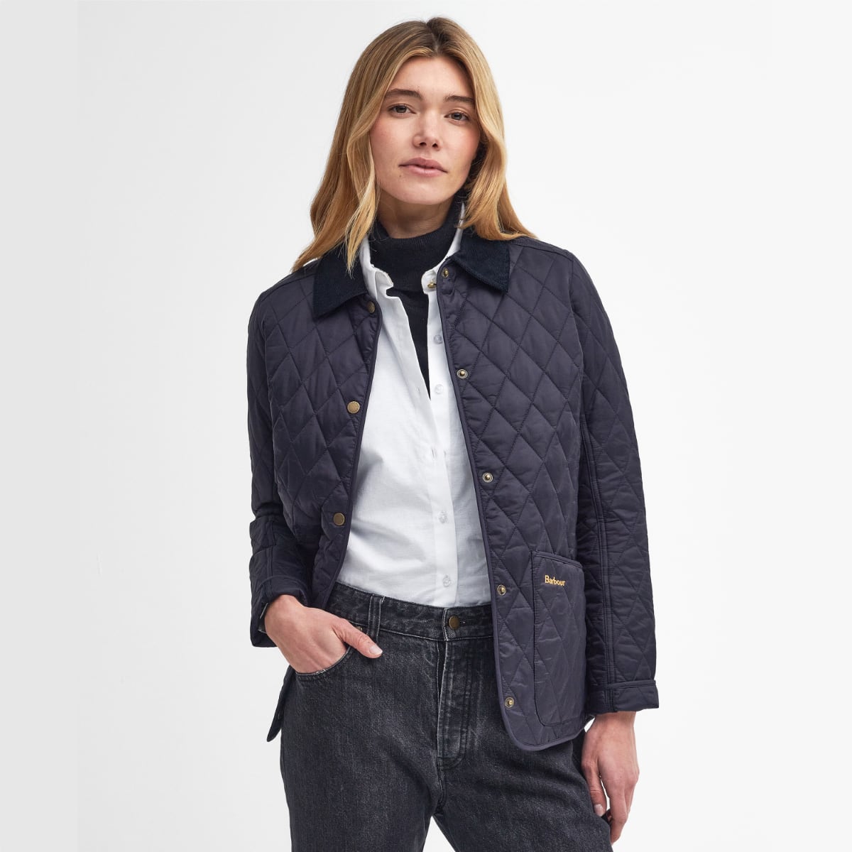 Barbour Annandale Women's Quilted Jacket in Navy on model