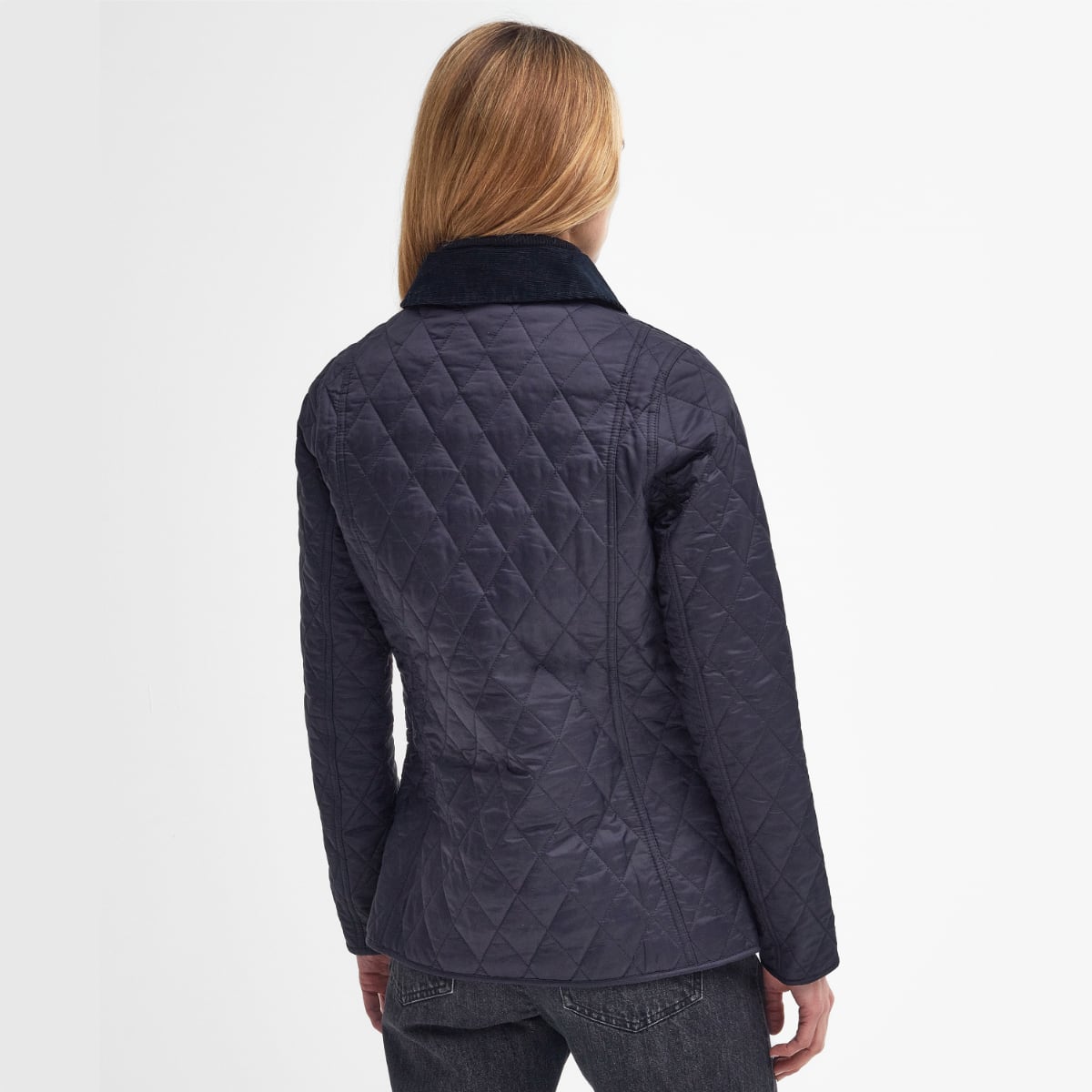 Rear view Barbour Annandale Women's Quilted Jacket in Navy on model