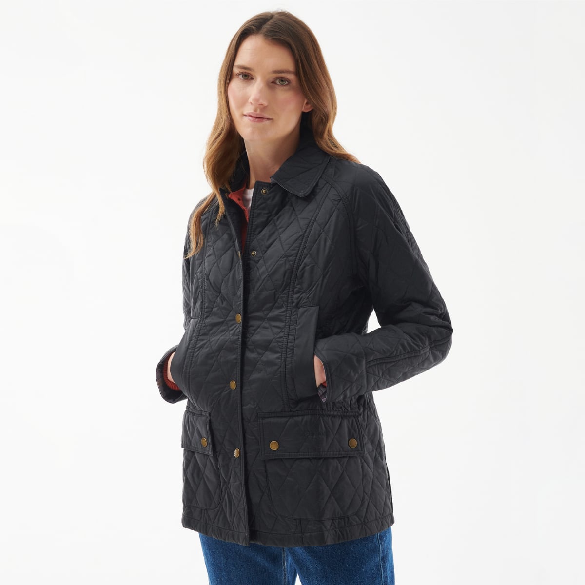 Barbour Summer Beadnell Women’s Quilted Jacket in Black – Front View on model