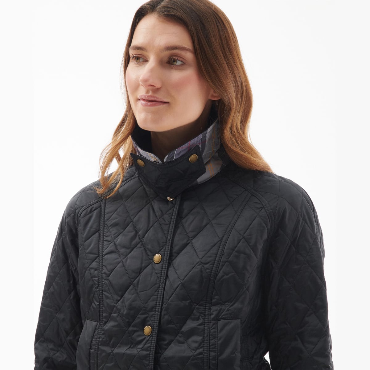 Barbour Summer Beadnell Women’s Quilted Jacket in Black – Close up View on model