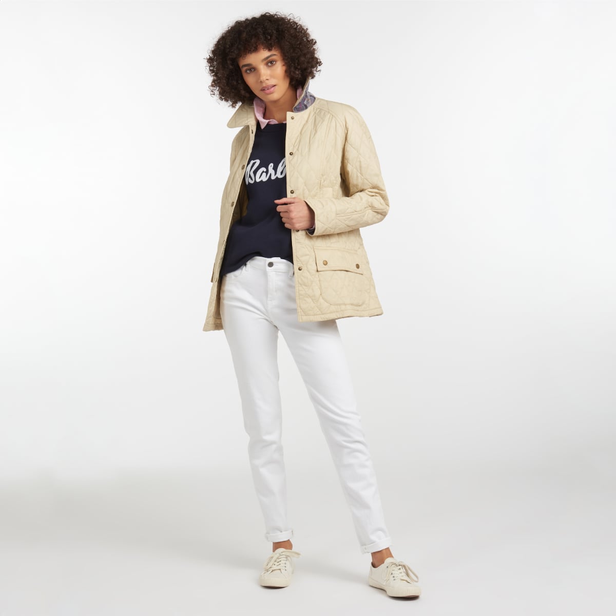 Barbour Summer Beadnell Women’s Quilted Jacket in Pearl – Front View at full height
