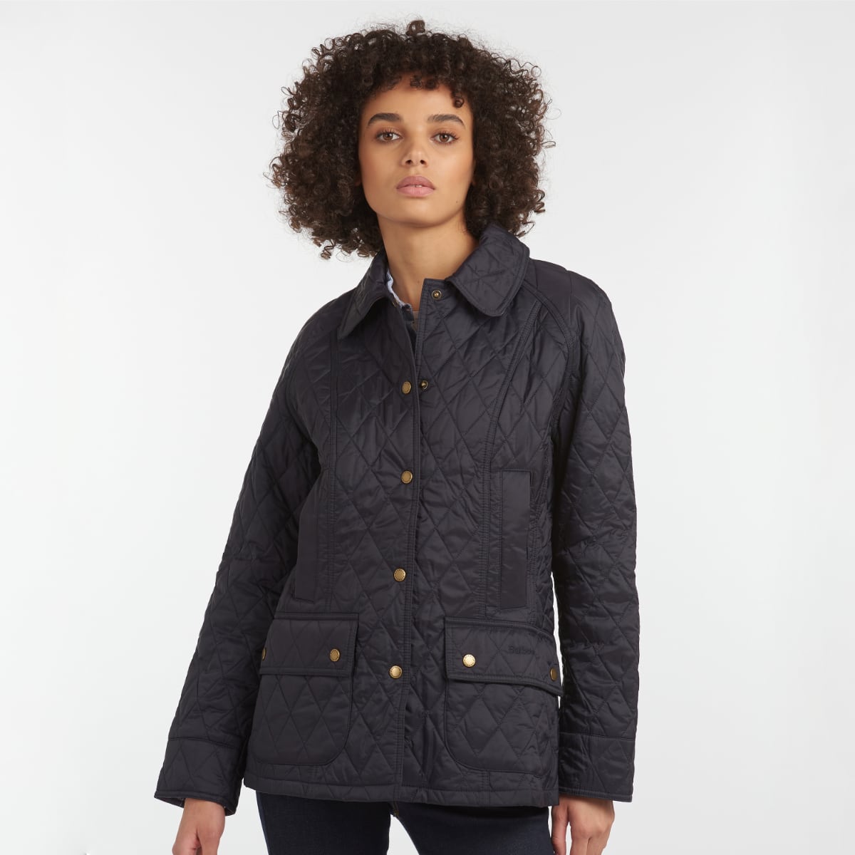 Barbour Summer Beadnell Women’s Quilted Jacket in Navy – Front View on model - Version 2
