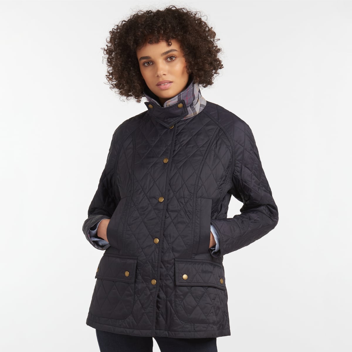 Barbour Summer Beadnell Women’s Quilted Jacket in Navy – Front View on model