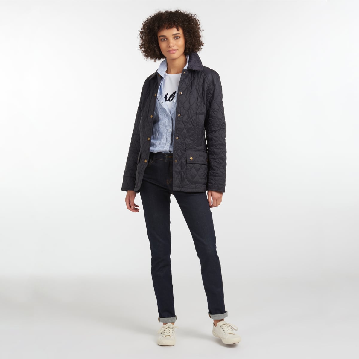 Barbour Summer Beadnell Women’s Quilted Jacket in Navy – Front View on model at full height