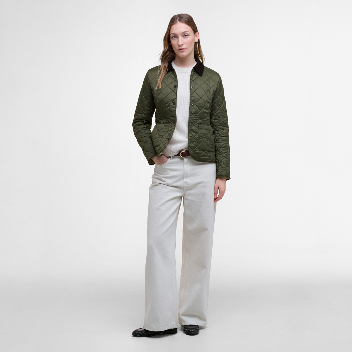 Deveron Polarquilt Jacket in Olive on model full height