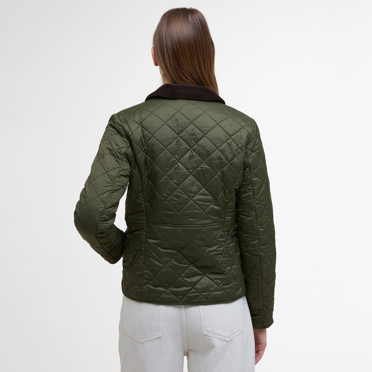 Rear view of Deveron Polarquilt Jacket in Olive on model