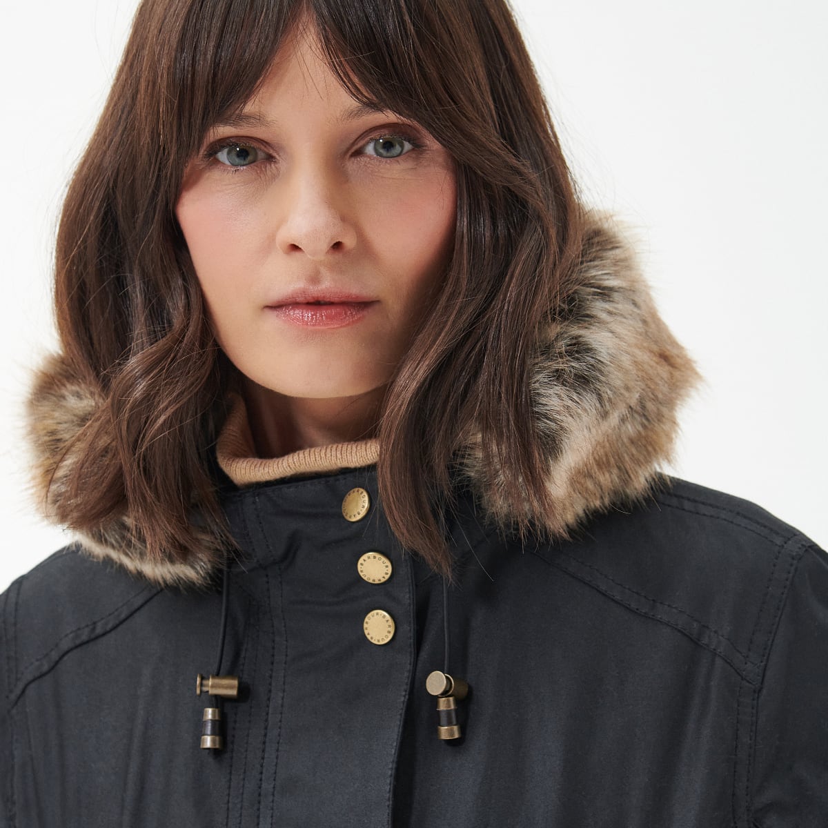 Close up of hood of Barbour Kelsall Women’s Jacket in black on model