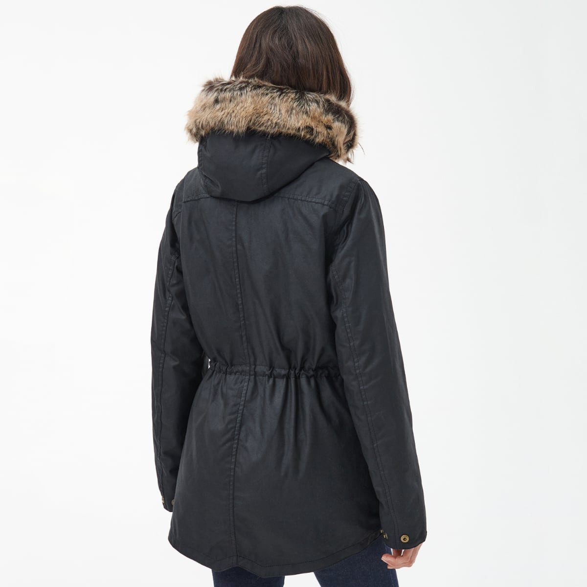 Rear view of Barbour Kelsall Women’s Jacket in black on model