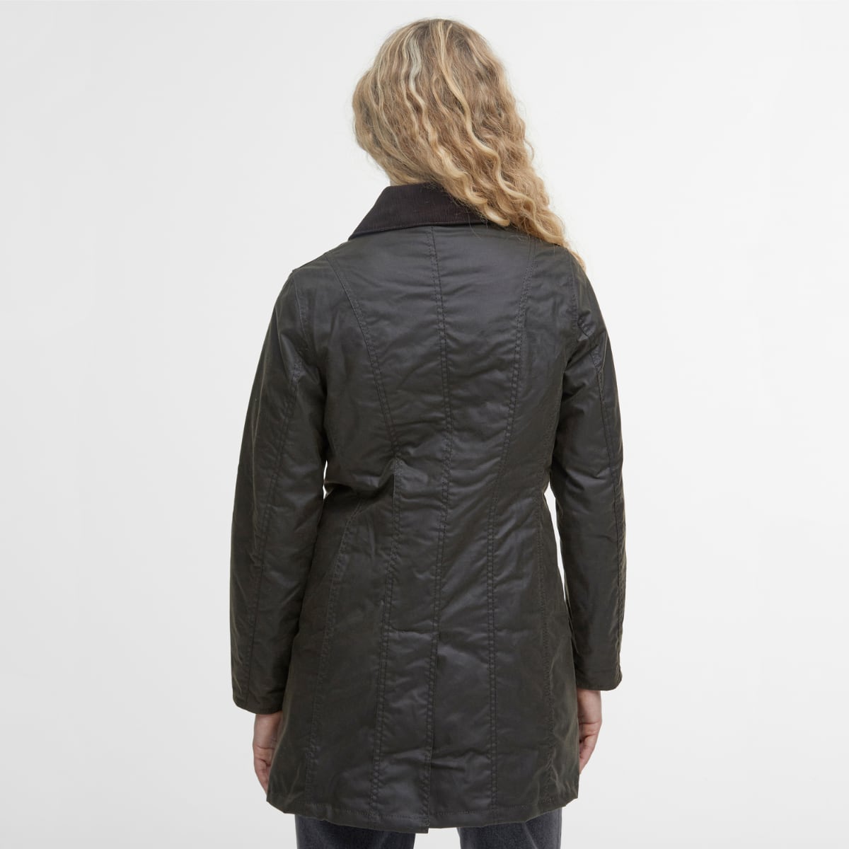 Rear view of Barbour Belsay jacket in olive on model