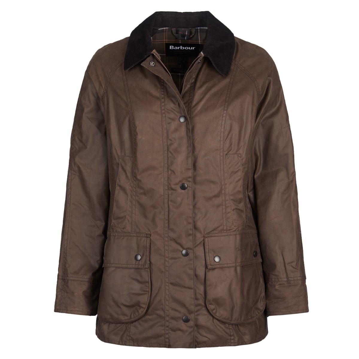 Front view of Barbour Beadnell wax jacket in bark on model