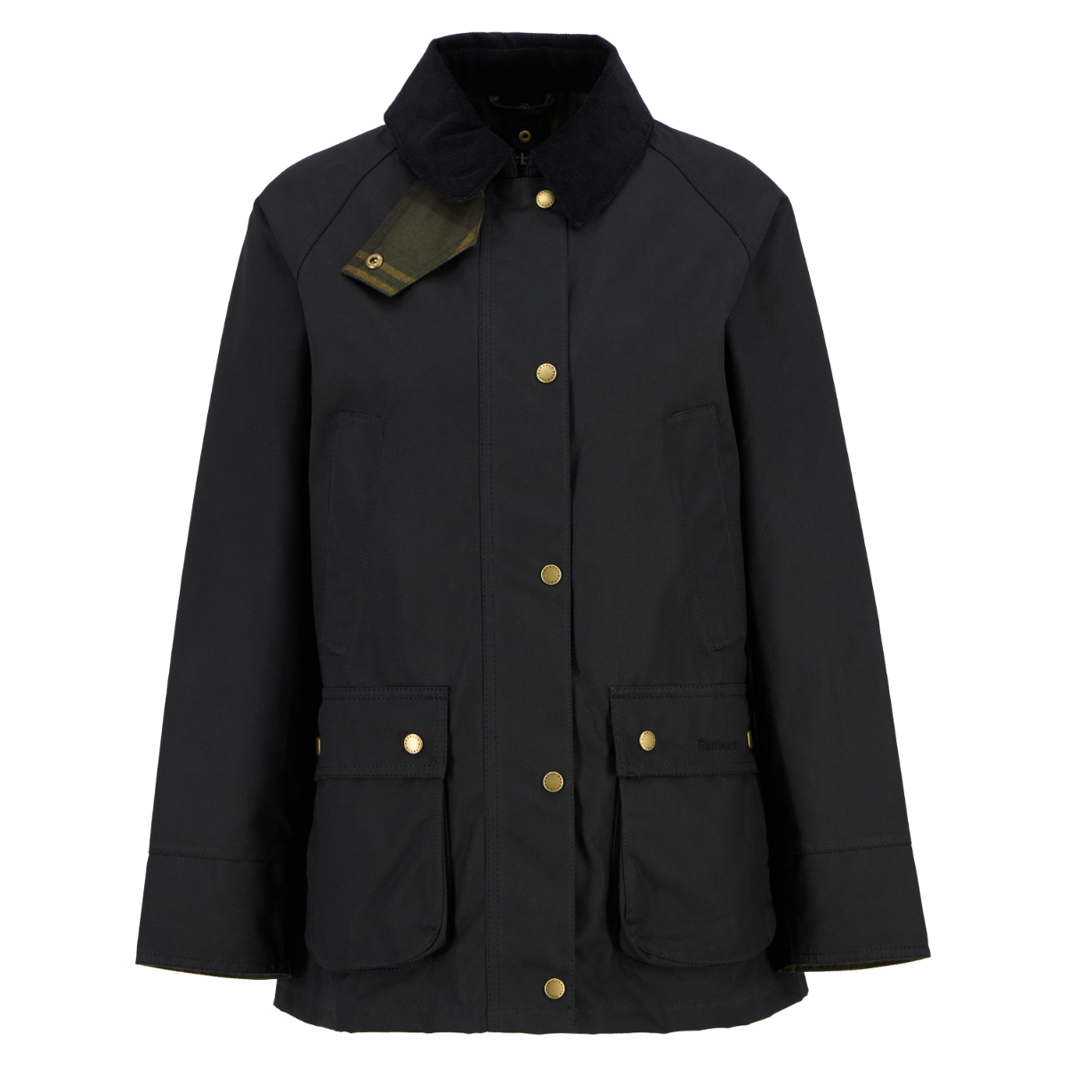 Front view of Barbour Acorn Women’s Waxed Jacket in black