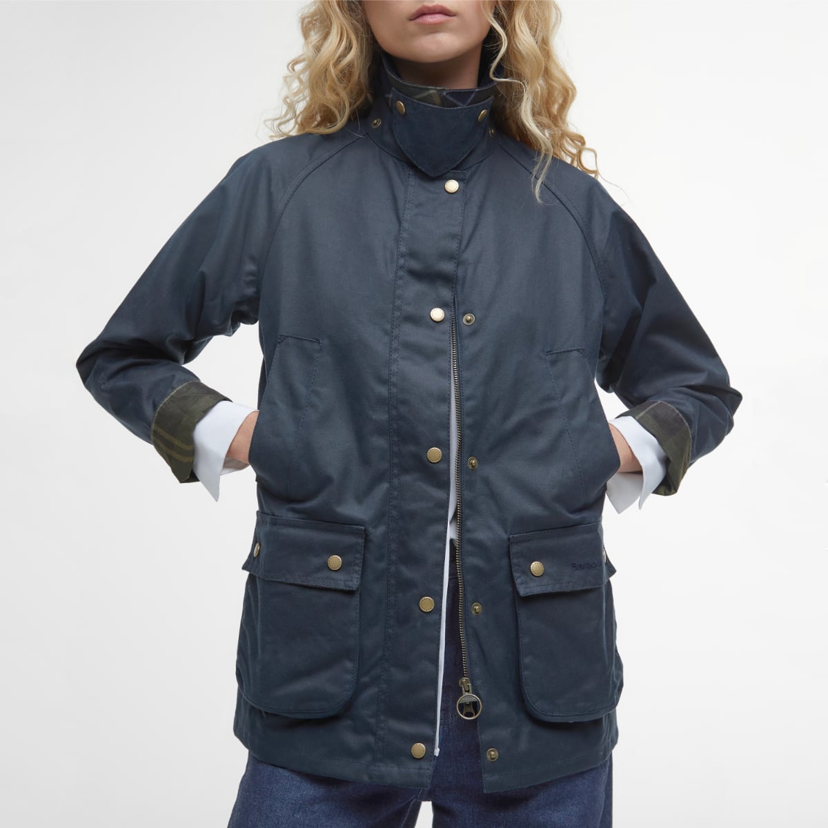 Front view of Barbour Acorn Women’s Waxed Jacket in navy