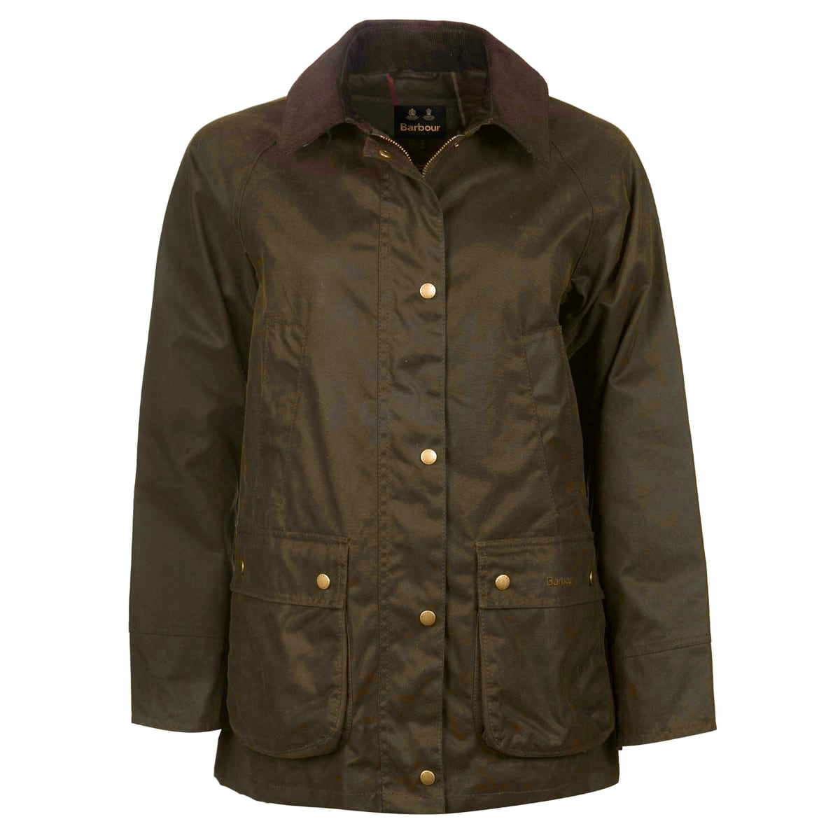 Front view of Barbour Acorn Women’s Waxed Jacket in olive
