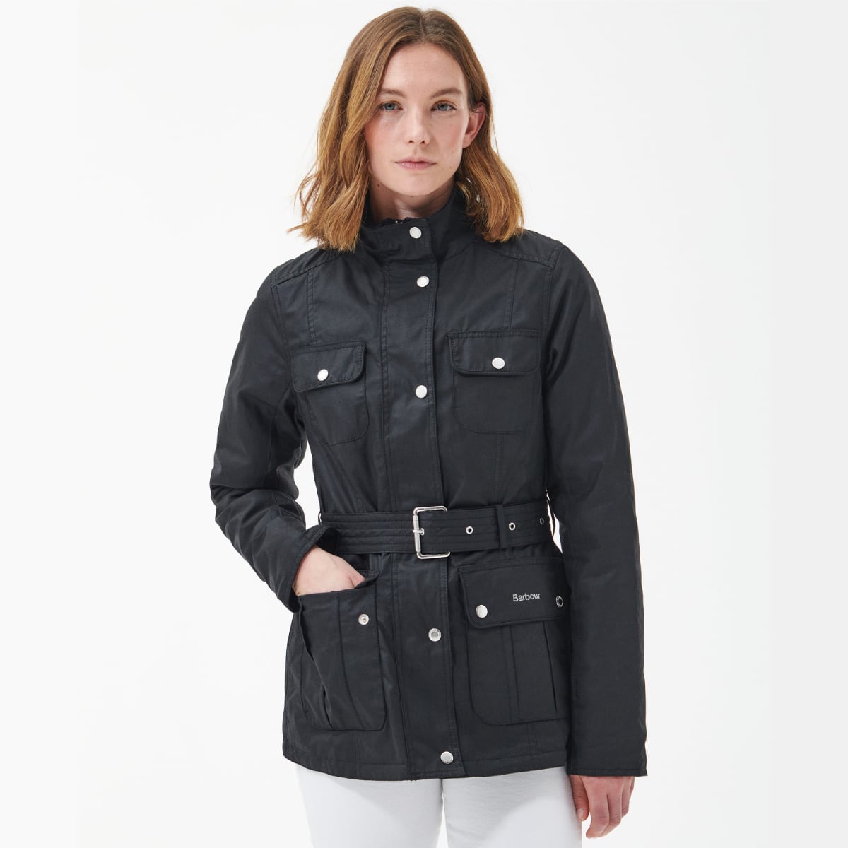 Barbour Winter Belted Utility Women's Waxed Jacket | Black (Gardenia Dress Tartan lining)