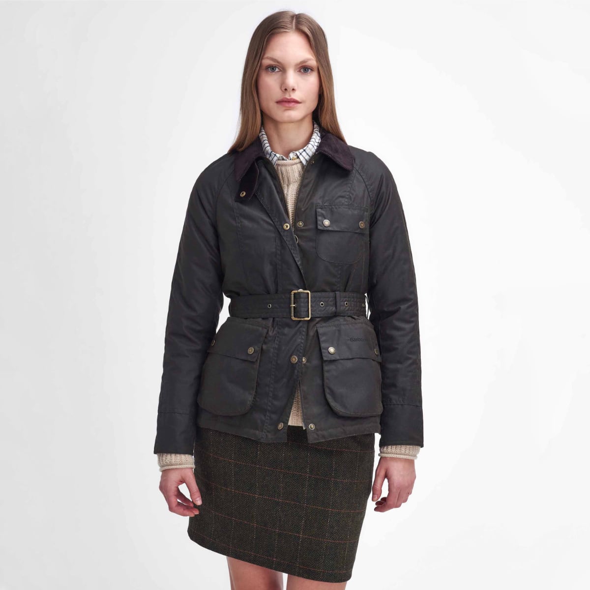 Barbour Solway Zipper Women’s Jacket – front view in olive on model