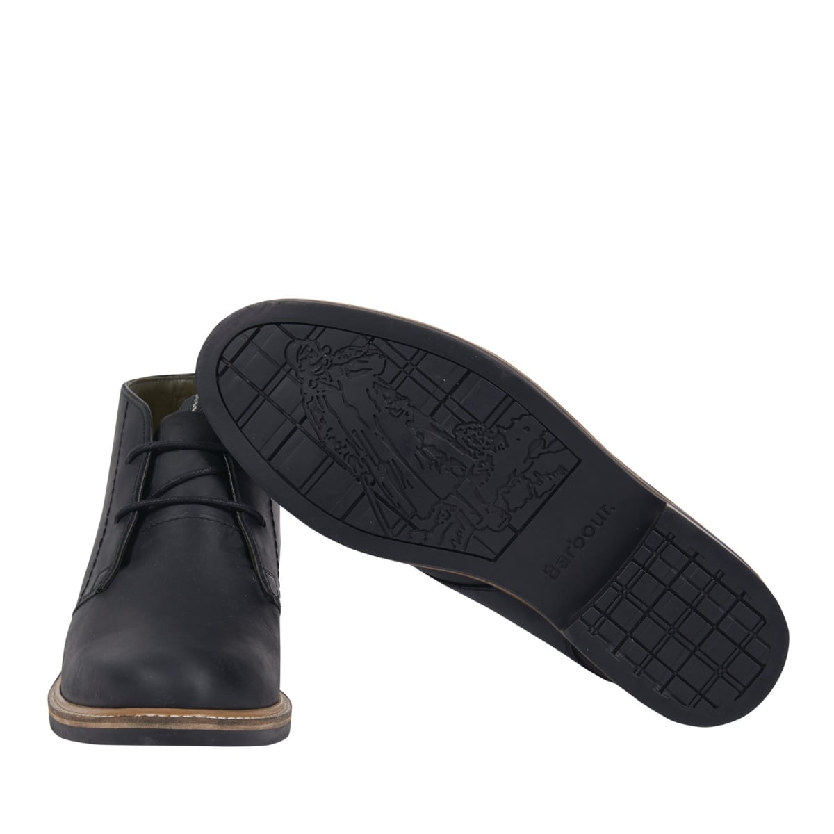 A pair of black Barbour Readhead Men's Chukka Boots displayed against a white background, showing the front and underside views.