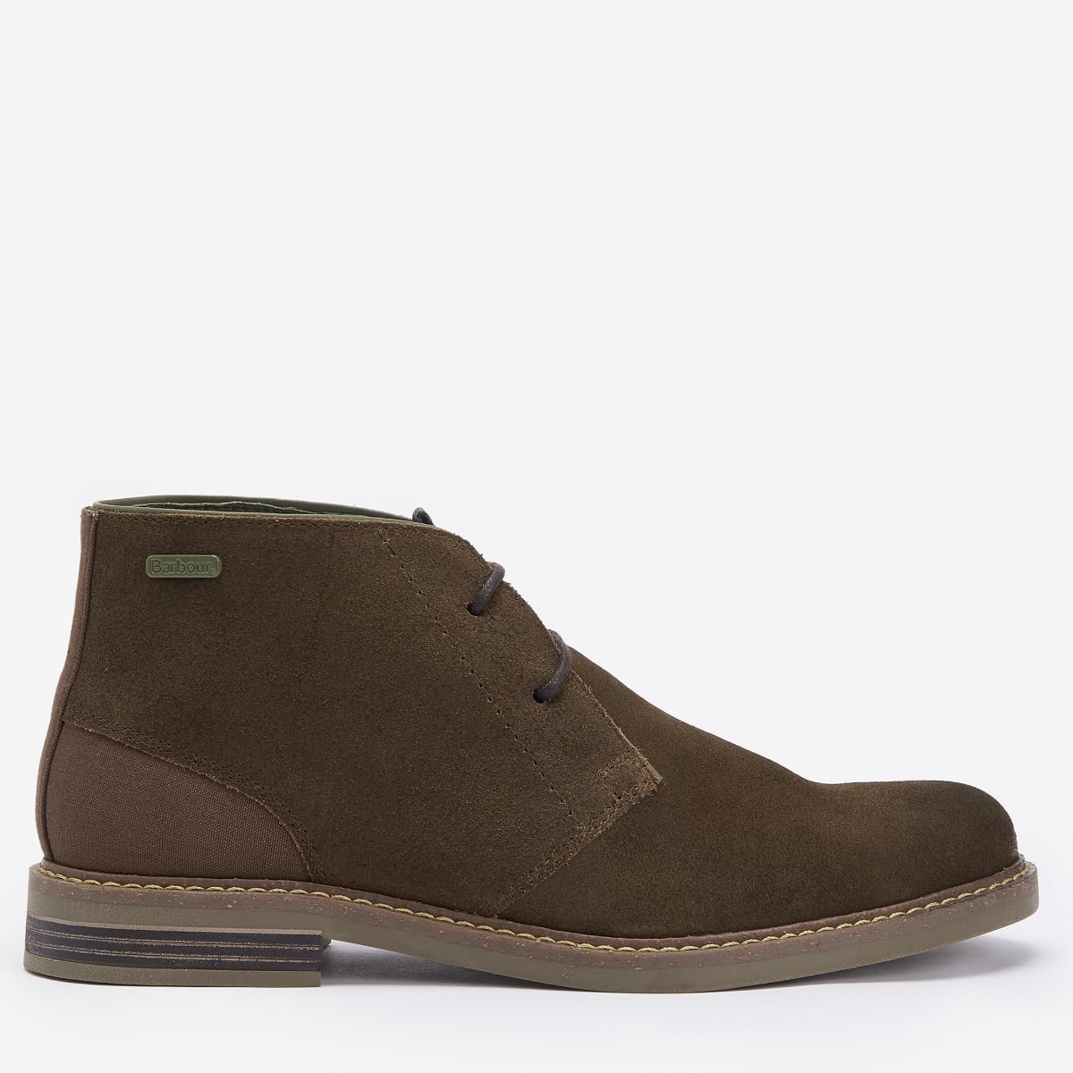 A Barbour Readhead Men's Chukka Boot in khaki color, showcasing the side profile of the boots with laces and the Barbour badge visible.