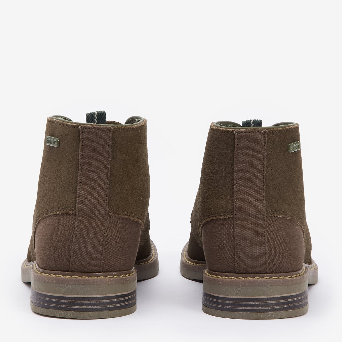 Rear view of a pair of Barbour Readhead Men's Chukka Boots in khaki color.