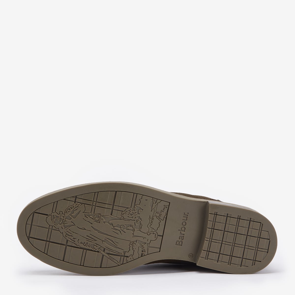 The sole of a pair of Barbour Readhead Men's Chukka Boots in khaki color.