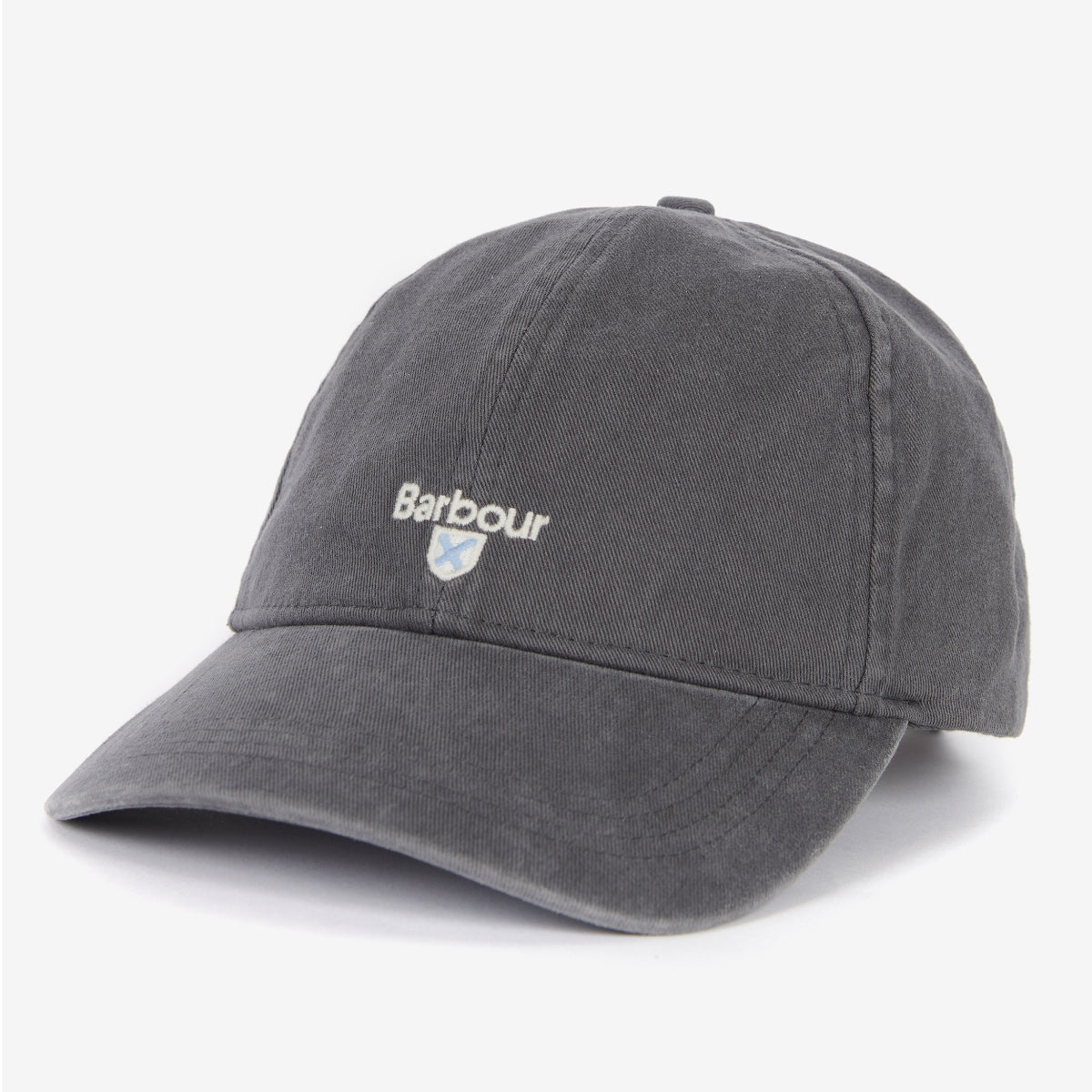 Side view of the asphalt Barbour Cascade cap with a curved brim